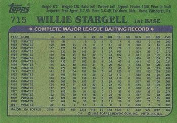 Willie Stargell 1982 Topps #715 Pittsburgh Pirates - Picture 2 of 2