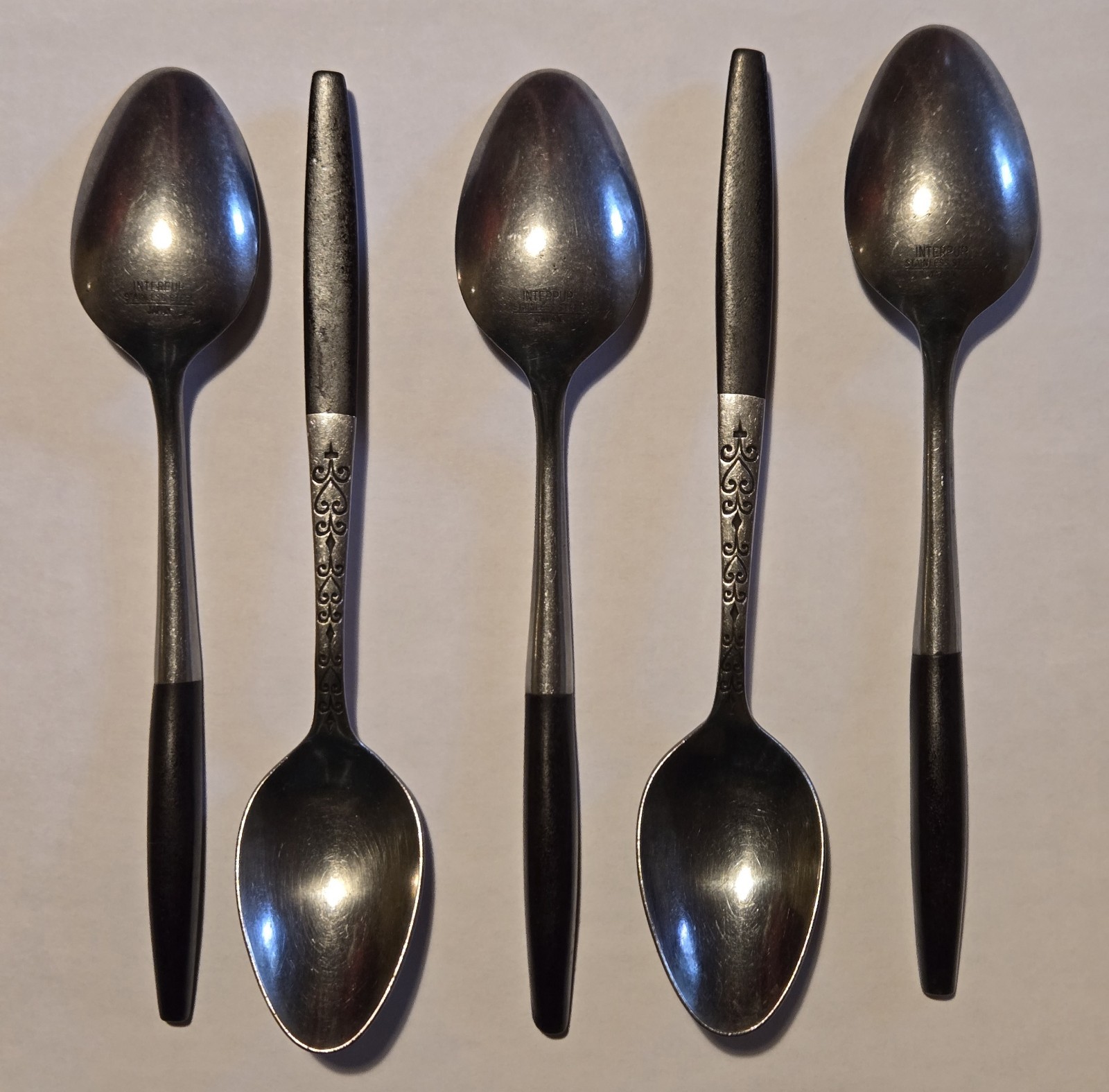 Vtg 17 Pc Set Of Interpur INR2 Stainless Steel Flatware Faux Wood Handle