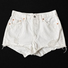 Levi's 501 XX Big E Cut Off Chewed Hem White Denim Shorts Women 29 Button Fly