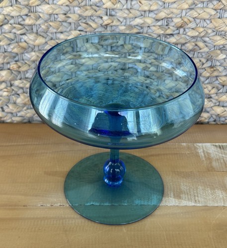 Vintage italienische blaue Kompott Vase Bonboniere Empoli mundgeblasen Glaskugel Stiel - Bild 3 von 8