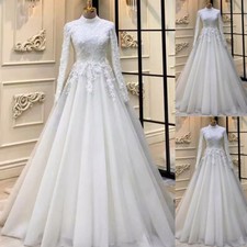 Vintage High Neck Muslim Wedding Dresses Long Sleeves Lace Applique Bridal Gown