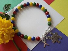 AUTISM AWARENESS BRACELET-BEADED- W/PUZZLE AND RIBBON CHARM
