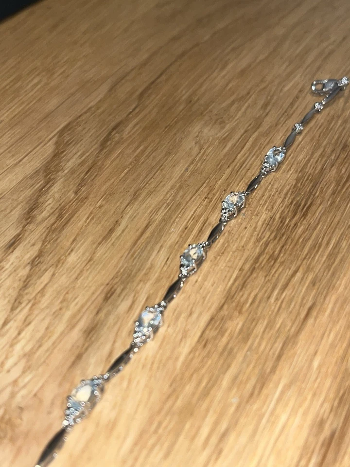 "Brazalete estación de plata de ley Zales ovalado aguamarina y diamante acento 7,25""" Foto 4 de 4