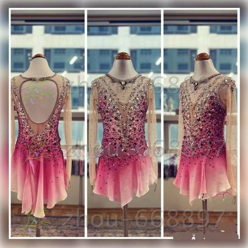 Girls' Figure Skating Dress Blue & Pink Gradient With Diamonds, Competition Performance Wear, Hand-Beaded Girls' Figure Skating Dress Blue & Pink Gradient With Diamonds, Competition Performance Wear, Hand-Beaded