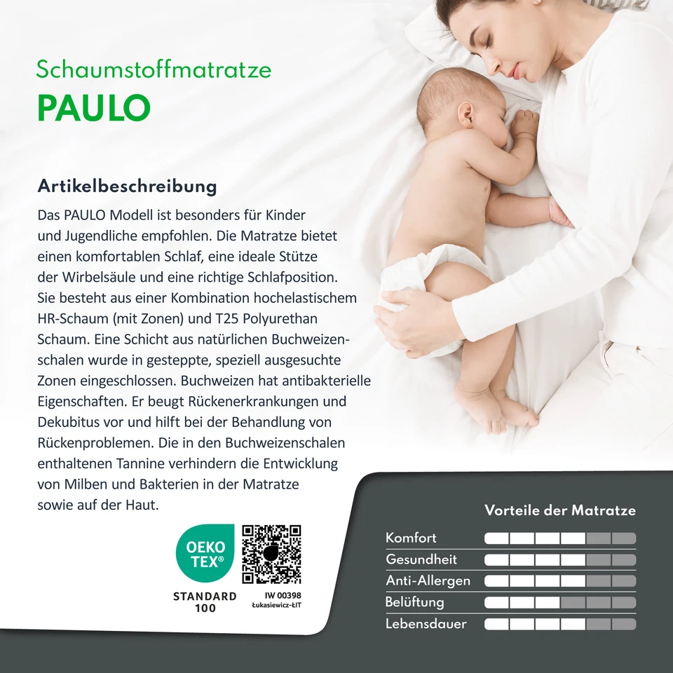 Kindermatratze 120x200 cm Bett H3 Matratze PAULO HR Buchweizen 16 cm Schaumstoff - Bild 4 von 4
