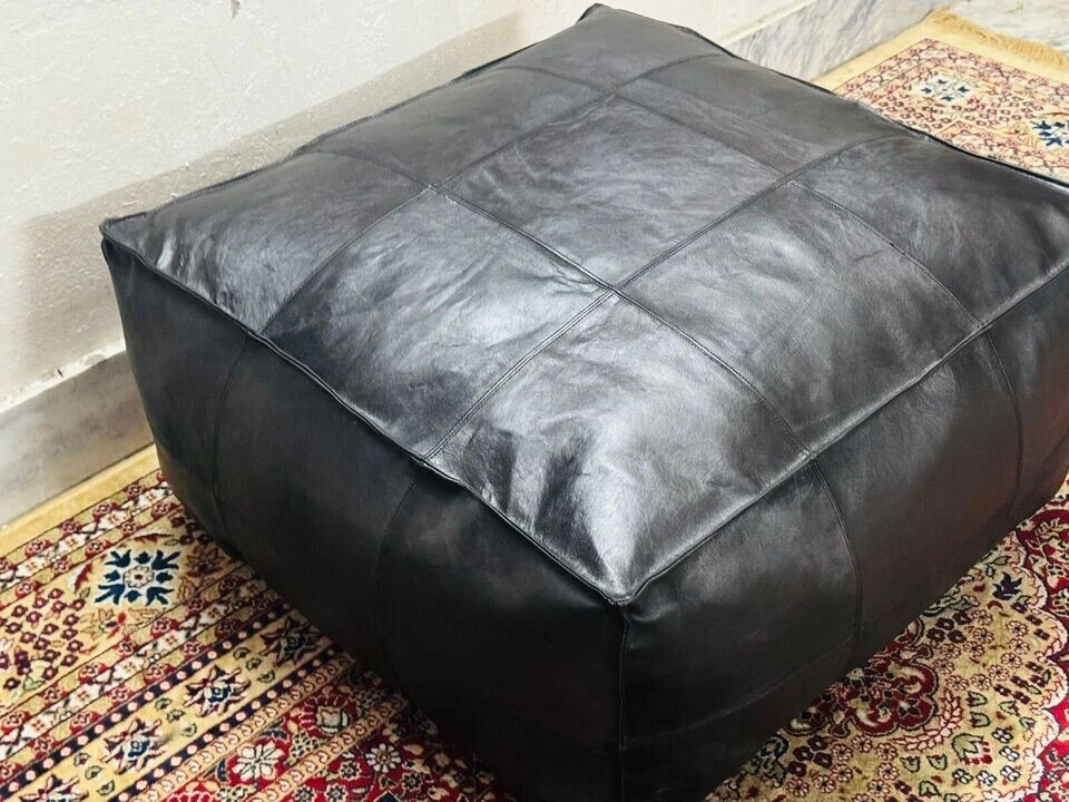 30'' Black New Ottoman Leather Unstuffed Moroccan Pouf Home Decore - Image 2 of 4
