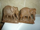 PAIR OF CARVED FLOWER PATTERN WOODEN 14CM HIGH INDIAN/S. ASIAN ELEPHANT BOOKENDS