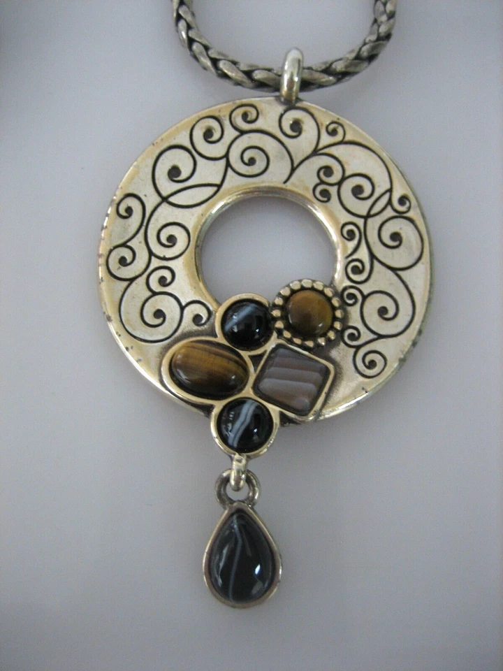 BRIGHTON SEMI-PRECIOUS Tiger’s Eye Onyx Circle Round Pendant Necklace! RETIRED Foto 4 de 4
