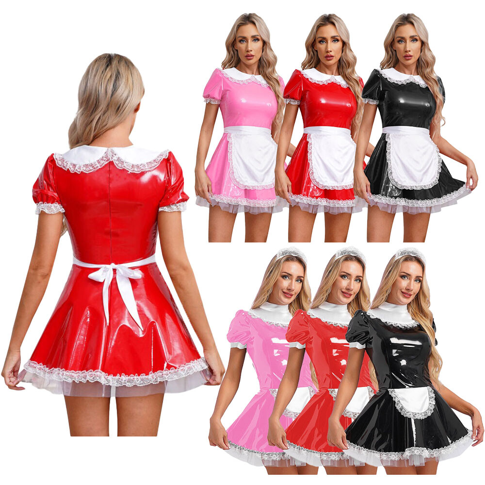 Womens Glossy Patent Leather Maid Dress Back Zipper Lace Cosplay Costume