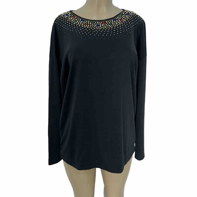 Black Stretch Black Beaded Tunic Shirt Womens Size M Casual Top By Maoni Bee