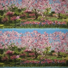 Primavera Spring Scene Panel Cotton Fabric Michael Miller cherry tree birdbath 