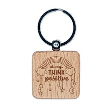Always Think Positive Rainbow Stars Moon Engraved Wood Square Keychain Tag Charm