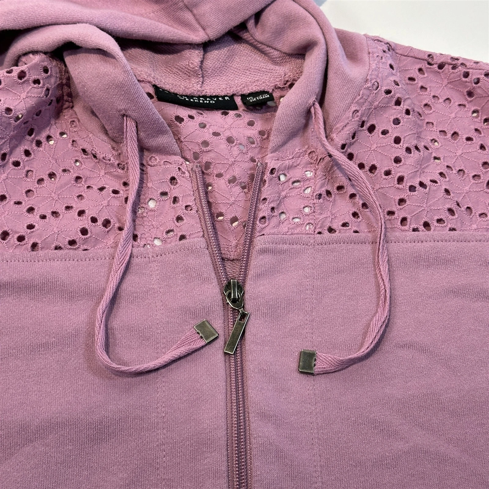 VETEMENTS Felpa donna Susan Graver Weekend taglia XS full zip con cappuccio e pizzo viola lilla