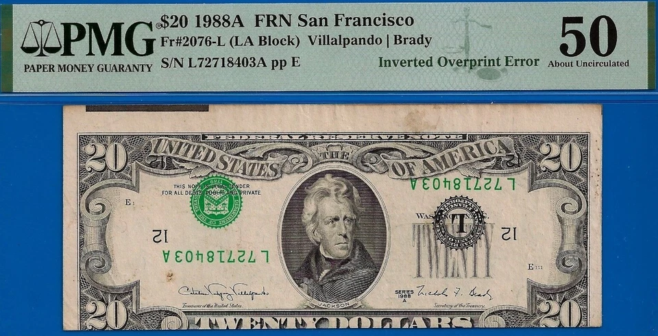 1988A $20 Federal Reserve Note PMG 50 wanted inverted overprint error type II - Image 2 of 3