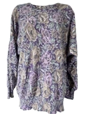 Semplice Long Sweater NWT 80s Sz S Angora Soft Fuzzy Blend Purple Floral L/S
