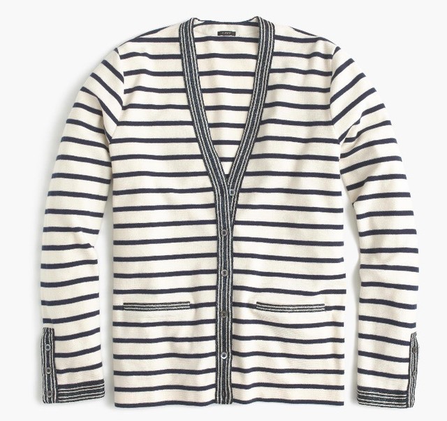J Crew Womens Metallictrim striped cardigan sweater F8816 Navy Ivory