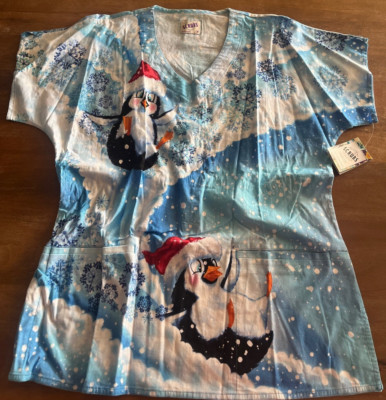 NEW S.C.R.U.B.S. Scrub Top Size Unisex Medium Christmas Holiday Snow Penguins