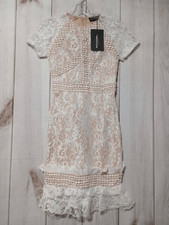 Pretty Little Thing Dress Ladies 2 Tan White Lace Overlay Short Sleeve Mini