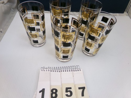 Vintage SET OF 5 GLASSES, GOLD / BLACK CHECKERED DESIGN, 12 oz - Picture 8 of 8