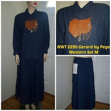 NWT 295 VTG Gerard 2 piece denim blue Southwestern Skirt and Top set sz M NOS