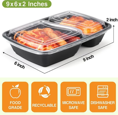 40-200 32oz Reusable Meal Prep Food Container 2 Compartment Storage Microwavable - Picture 6 of 11