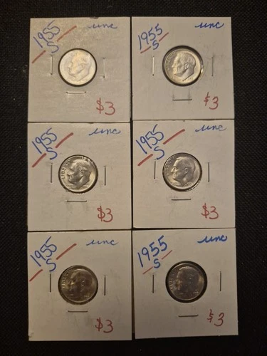 6 Beautiful Uncirculated 1955 S Roosevelt Dimes. 90% SILVER!!