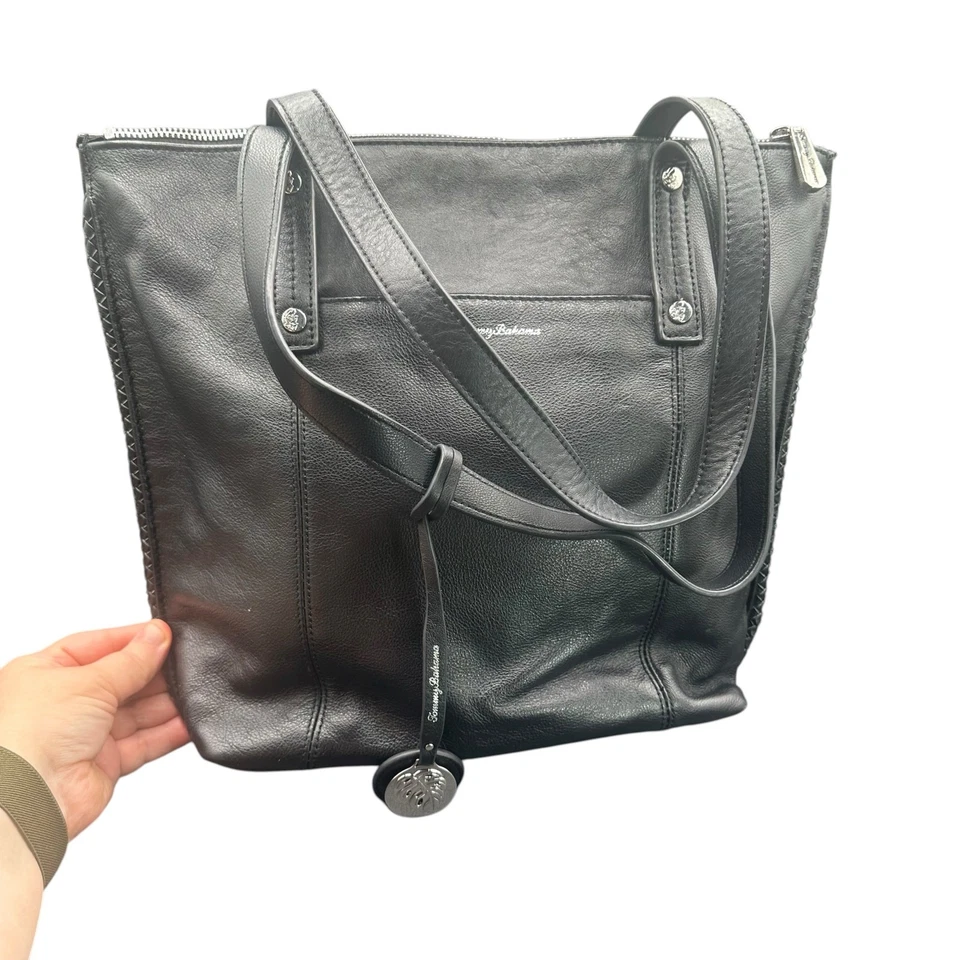 Tommy Bahama Bolso de Mano de Cuero Negro Cremallera Superior Cartera de Hombro  Foto 3 de 4