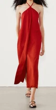 Massimo Dutti Red Crossover Halter Neck Dress BNWT Size 10 Linen and Viscose