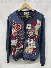 Vintage Heirloom Collectibles Patchwork Cardigan Sweater Womens XL Hearts Floral