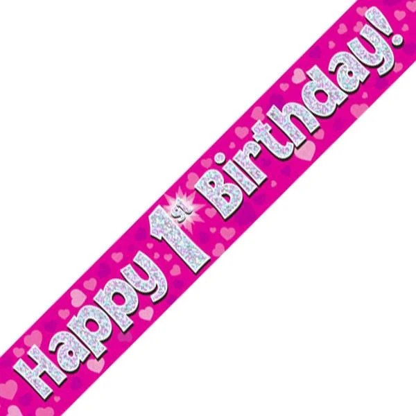 Age 1 Happy 1st Birthday Pink Silver 2.7m foil Banner Party Decor Holographic