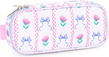 Girls Pencil Case for Kids, Multi-Slot Pencil Pouch, Bowknot Rose Sky Blue