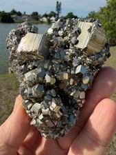 GOLDEN PYRITE CRYSTALS CLUSTER, HUANZALA, PERU, 381 Grams 3.5