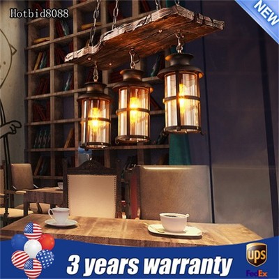 3-Light Farmhouse Loft Rustic Chandelier Wood Pendant Ceiling Light Fixture Lamp