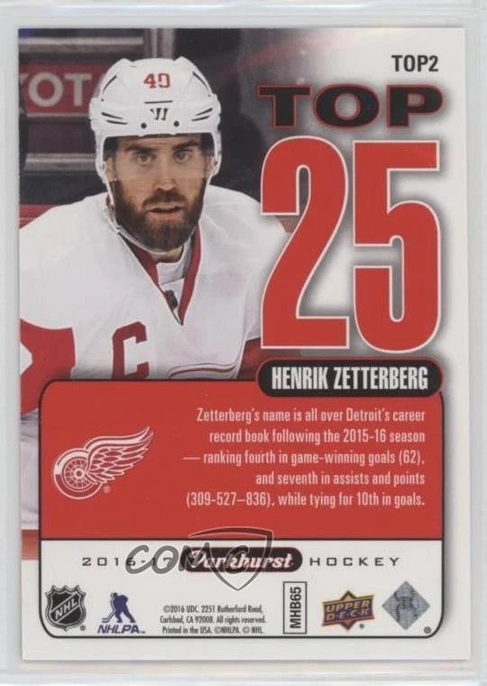 2016-17 Upper Deck Parkhurst Top 25 Red /100 Henrik Zetterberg #TOP2 - Image 2 of 2