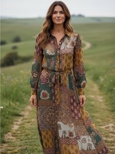 Boho Patchwork Floral Maxi Dress in Green & Mustard
