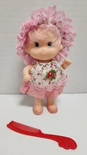 VTG UD Co Inc 6" Plastic Doll Pink Hair Floral Dress & Bonnet Blue Eyes w/ Comb