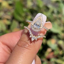 1.50 Carat Pear Cut Moissanite Bridal Set Ring | Marquise Curved Matching Band