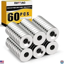DIYMAG Heavy Duty Neodymium Disc Magnets with Hole - 0.47" x 0.12" - 60 Pack