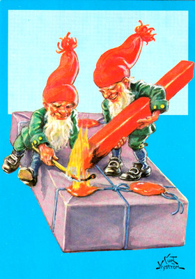 Postcard GF (15) -1990.- Christmas - gnomes seal a package - publisher: Eliasson