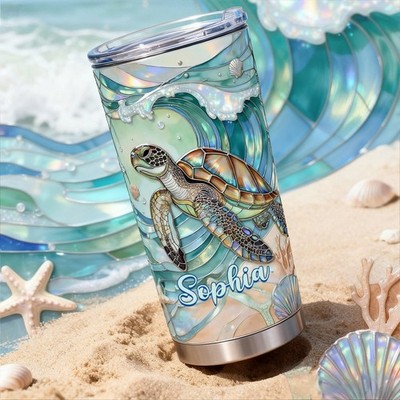 Personalized Sea Turtle Tumbler, Custom Name Ocean Theme Gift, Gift for Her