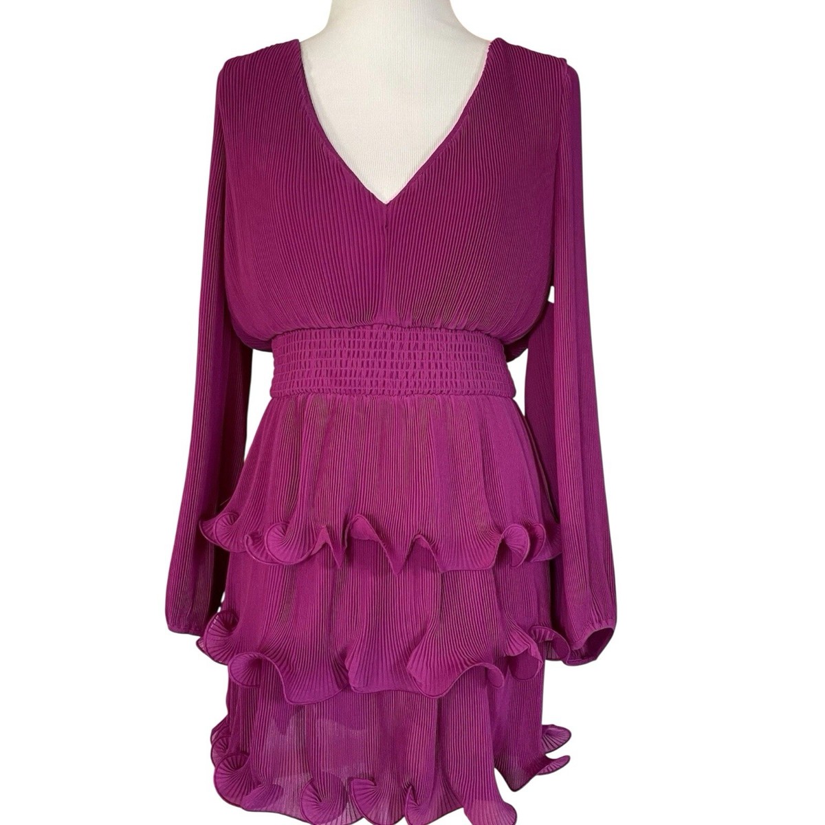 Ladies Milly Ryan A-Line Chiffon Dress Size 6 Fuchsia Hem Ruffle V-Neck  Layered