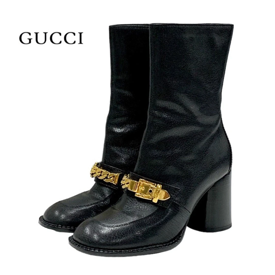 Gucci Bottes Chaussures Courtes Chaîne Ceinture Cuir Noir Or Occasion TIEE 0