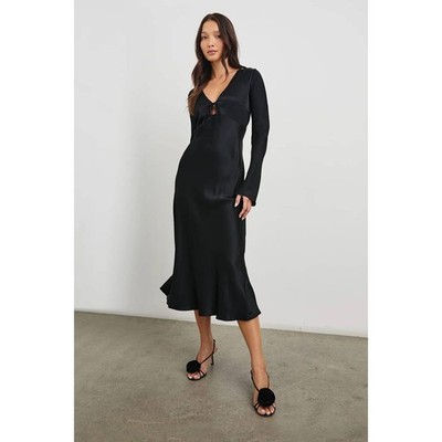 Rails Amanda Black Satin V-Neck Long Sleeve Midi Dress Size M Keyhole Neck