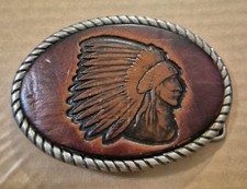 VINTAGE Indian Chief LEATHER ARTWORK Pewter Belt Buckle