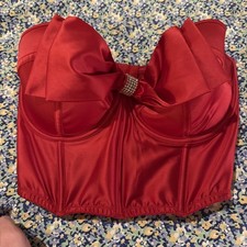 victorias secret bustier 34DD red satin strapless rhinestones dream angels
