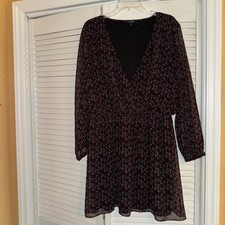 Express Long Sleeve Surplice Fit And Flare Black With  Red & Gray Dress  XL