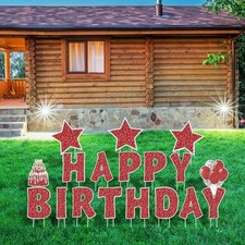 18 Pieces Happy Birthday Yard Signs with Stakes, 16 Inches Birthday Outdoor Lawn