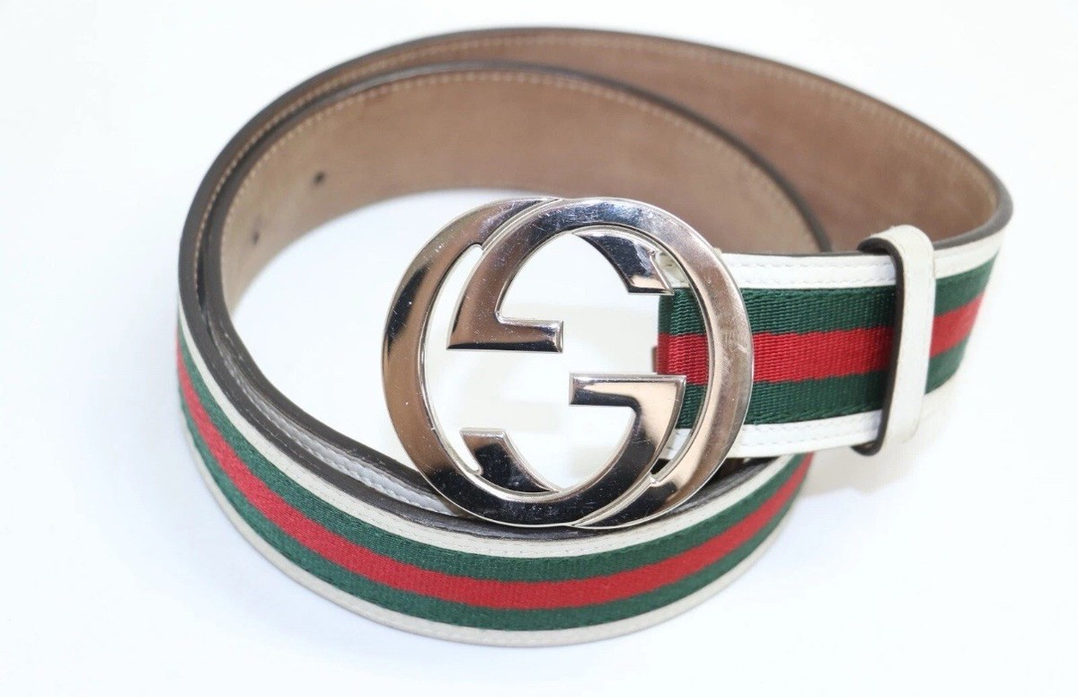 Yago Gucci Silver Interlocking G Buckle Sherry Line Canvas Leather Belt