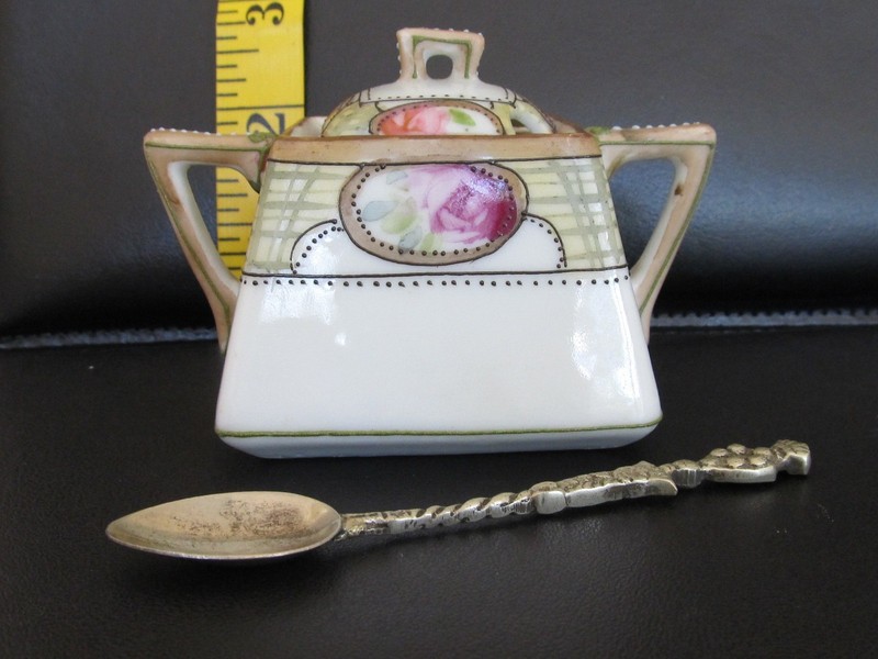 ANTIQUE NIPPON JAPAN MUSTARD JAR + VINTAGE ITALY (POSSIBLY SILVER) ITALIAN SPOON
