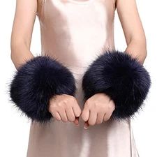  Faux Fur Wrist Cuffs- Winter Furry Bands Fox Fur Wrist Warmer,Arm Warmer, Navy